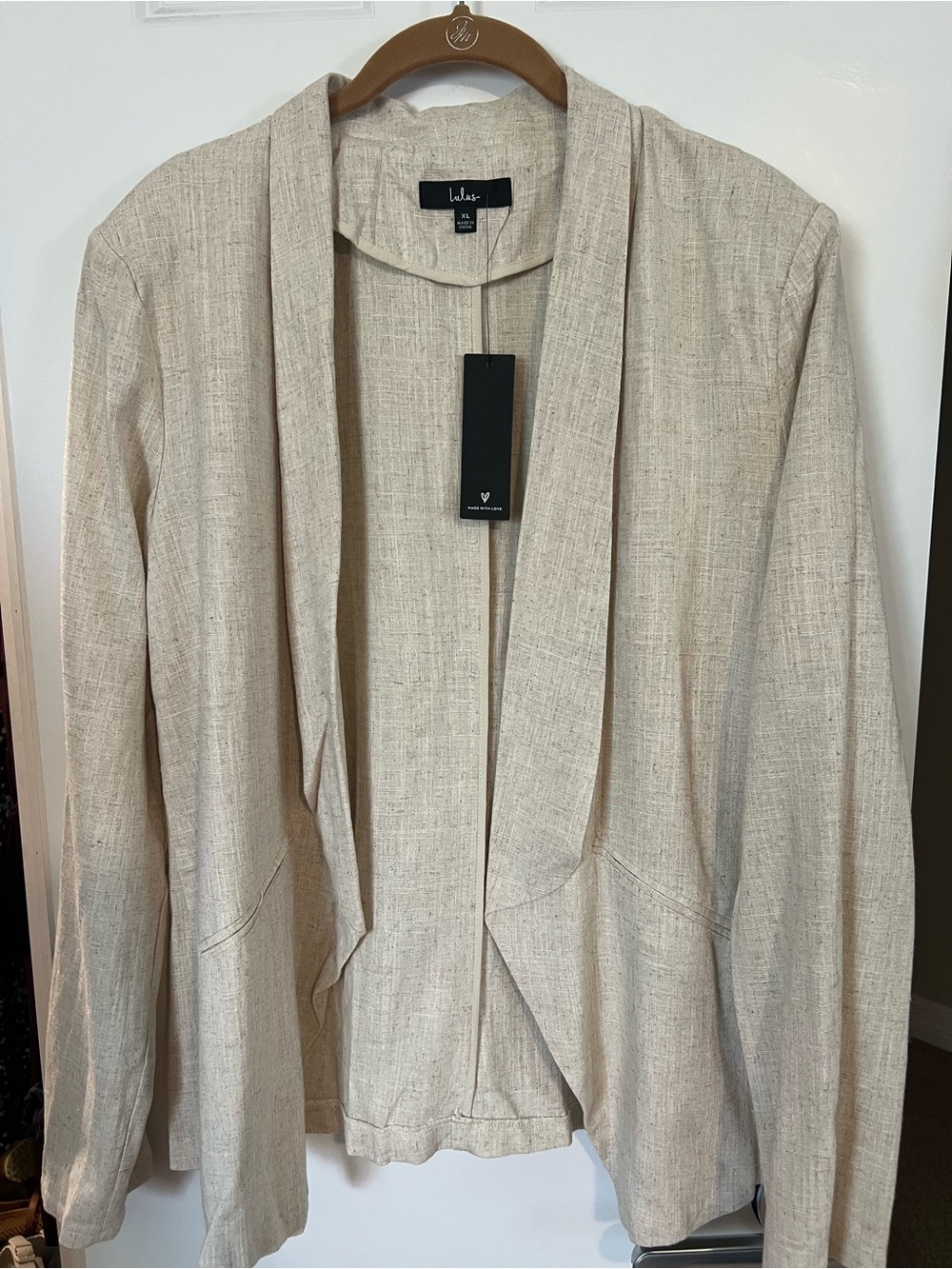 Lulu's Beige Open-Front Linen-Blend Blazer